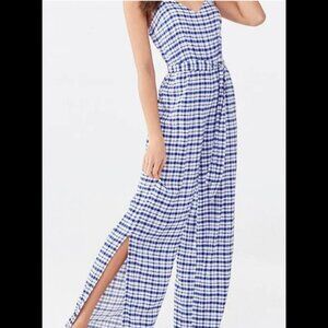 NWT Forever 21 Blue Plaid Wide Split Leg Jumpsuit Small